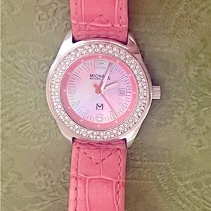 Michael Kors Pink Leather & Stainless Steel Silver Wrist Watch w/ Bling & Date